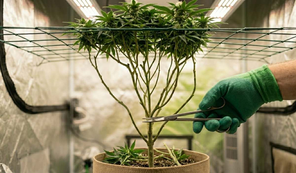 Cannabis Lollipop – untere Äste werden mit sauberer Schere entfernt.