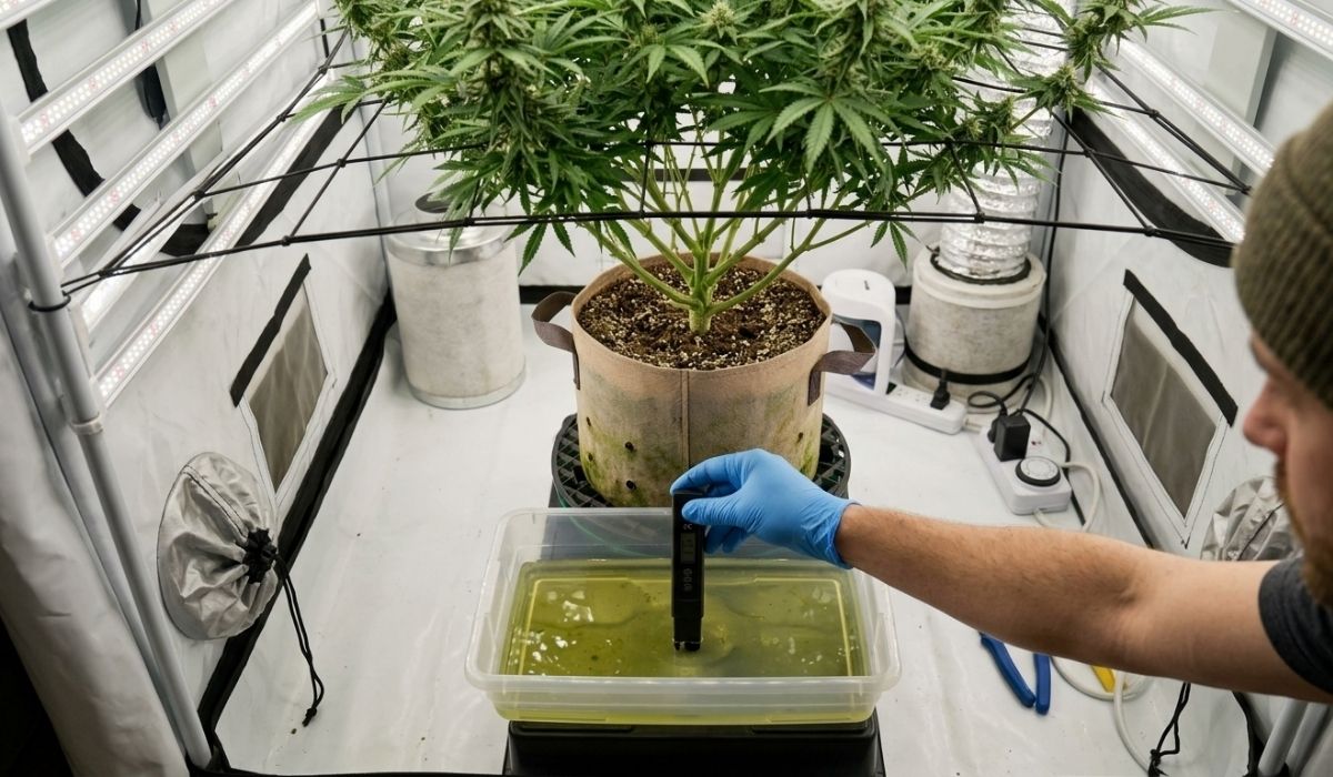 Cannabis EC-Wert Drain messen – Grower mit blauen Handschuhen misst EC im Ablaufwasser unter Cannabis-Pflanze im Growzelt