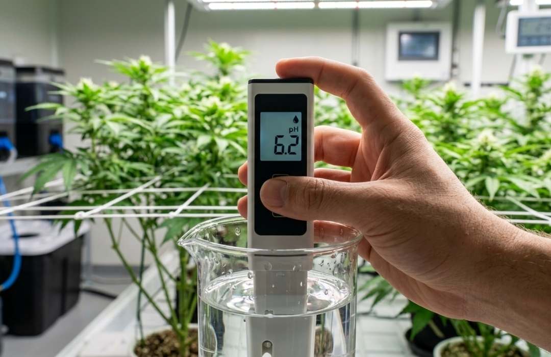 pH Wert Cannabis messen – digitales pH-Meter zeigt 6,2 im Growroom mit Cannabis-Pflanzen im Hintergrund