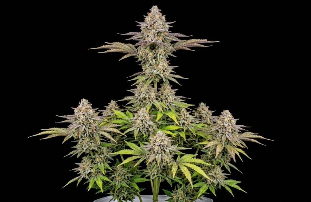 Zkittlez Strain – Gesamtpflanze mit pyramidenförmigem Wuchs, grün-violetten Blättern und weißen Trichomen vor schwarzem Hintergrund.
