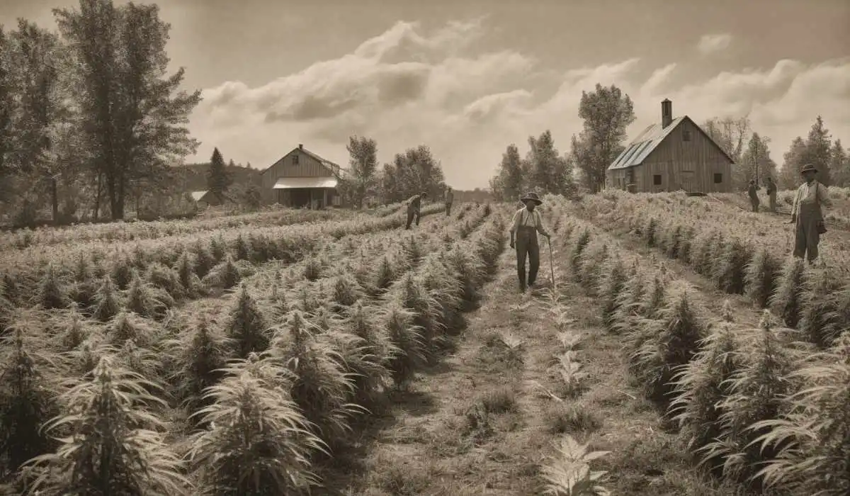 Historischer Cannabis Outdoor Anbau – Bauern auf einem Cannabis Feld mit Reihen blühender Hanfpflanzen als Symbol für die jahrhundertelange Geschichte des Cannabis Anbaus und Düngung