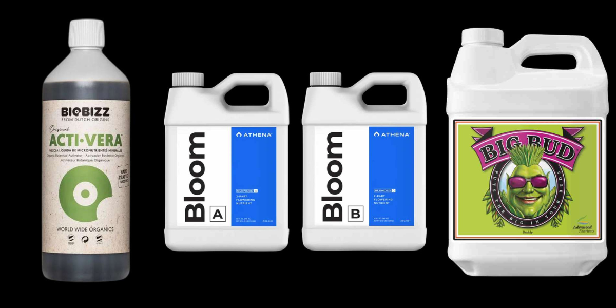 Cannabis Dünger Auswahl – BioBizz Acti-Vera, Athena Bloom A und B Zweikomponenten-Blütedünger und Advanced Nutrients Big Bud Blütebooster für Indoor Cannabis Anbau Österreich