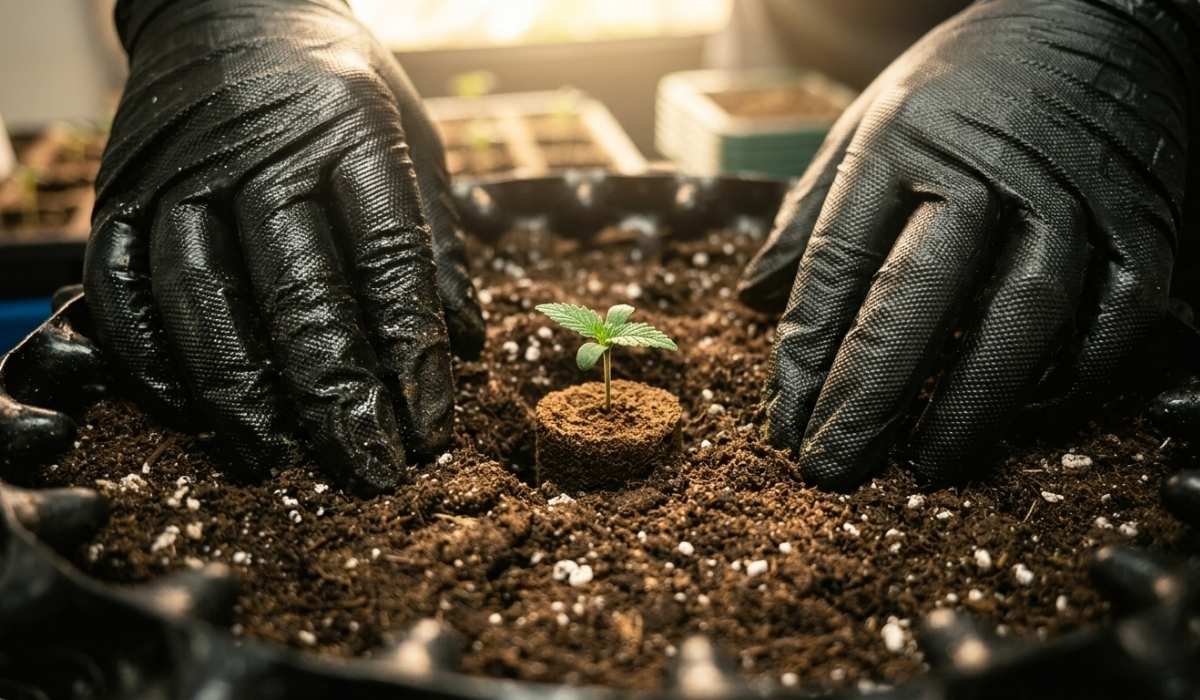 Cannabis Sämling einpflanzen – Hände mit Handschuhen setzen jungen Cannabis Keimling in Anzuchterde, erster Schritt der Cannabis Anbauanleitung für Einsteiger