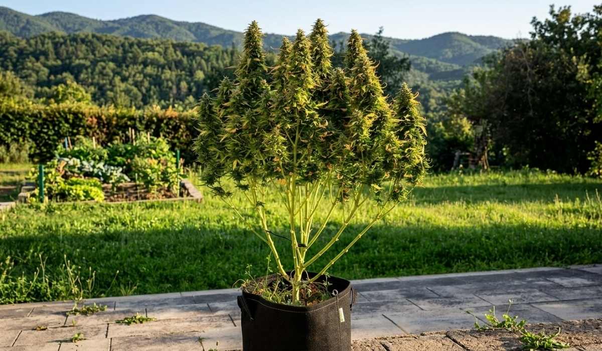 Ausgewachsene Cannabispflanze im Outdoor-Anbau mit dichten Blütenständen vor Bergpanorama und Gemüsegarten, Beispiel für erfolgreichen Outdoor Cannabis Anbau nach Anleitung