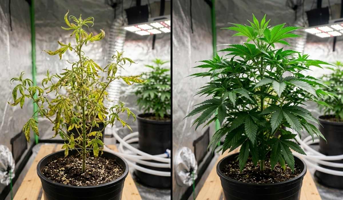 Vergleich zwischen gesunder Cannabis-Pflanze und Schädlingsbefall