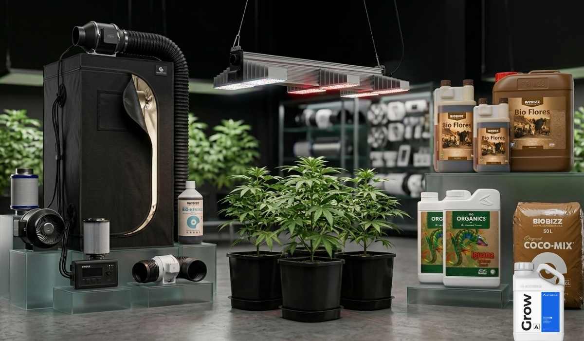 Cannabis Dünger im Growshop Setup – BioBizz Bio Flores, Coco-Mix Substrat, Athena Grow und OG Organics Iguana Juice neben Growzelt mit LED-Lampe für Indoor Cannabis Anbau