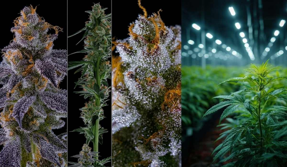 Royal Queen Seeds Sorten Collage – Royal Gorilla, Wedding Cake, Cookies Gelato Buds und Indoor-Anbau unter LED
