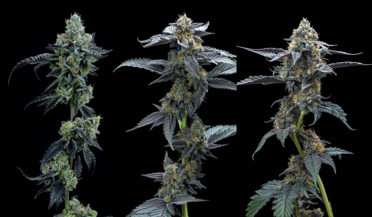 Twins Garden Seeds Sorten Triptychon mit drei Premium-Cannabis-Buds und dichten Trichomen vor schwarzem Hintergrund