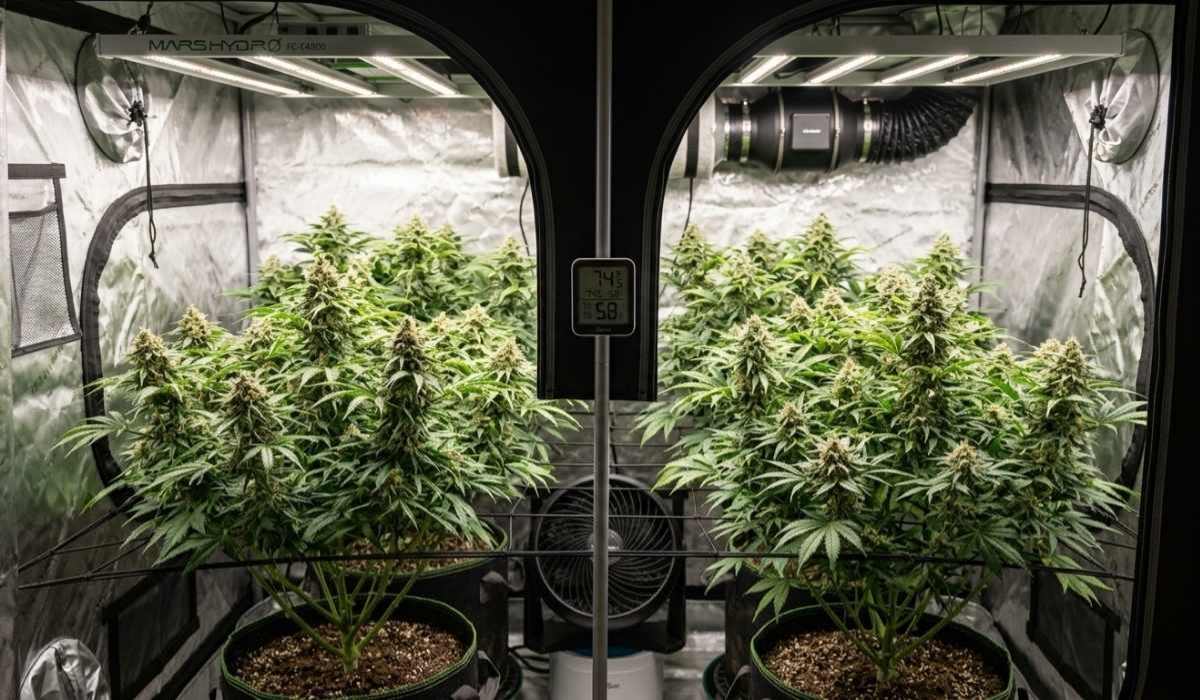 Twins Garden Seeds Cannabispflanzen im Indoor-Growzelt mit Mars Hydro LED, Hygrometer und Belüftung