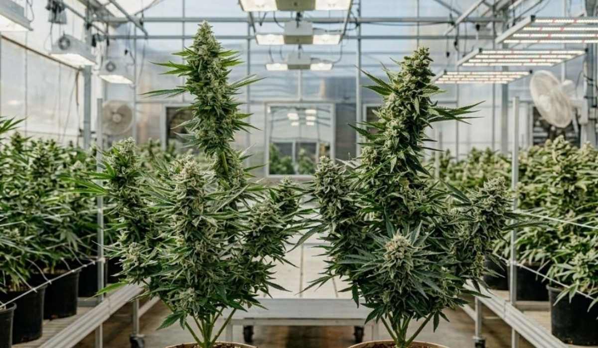 Twins Garden Seeds Sorten Triptychon mit drei Premium-Cannabis-Buds und dichten Trichomen vor schwarzem Hintergrund