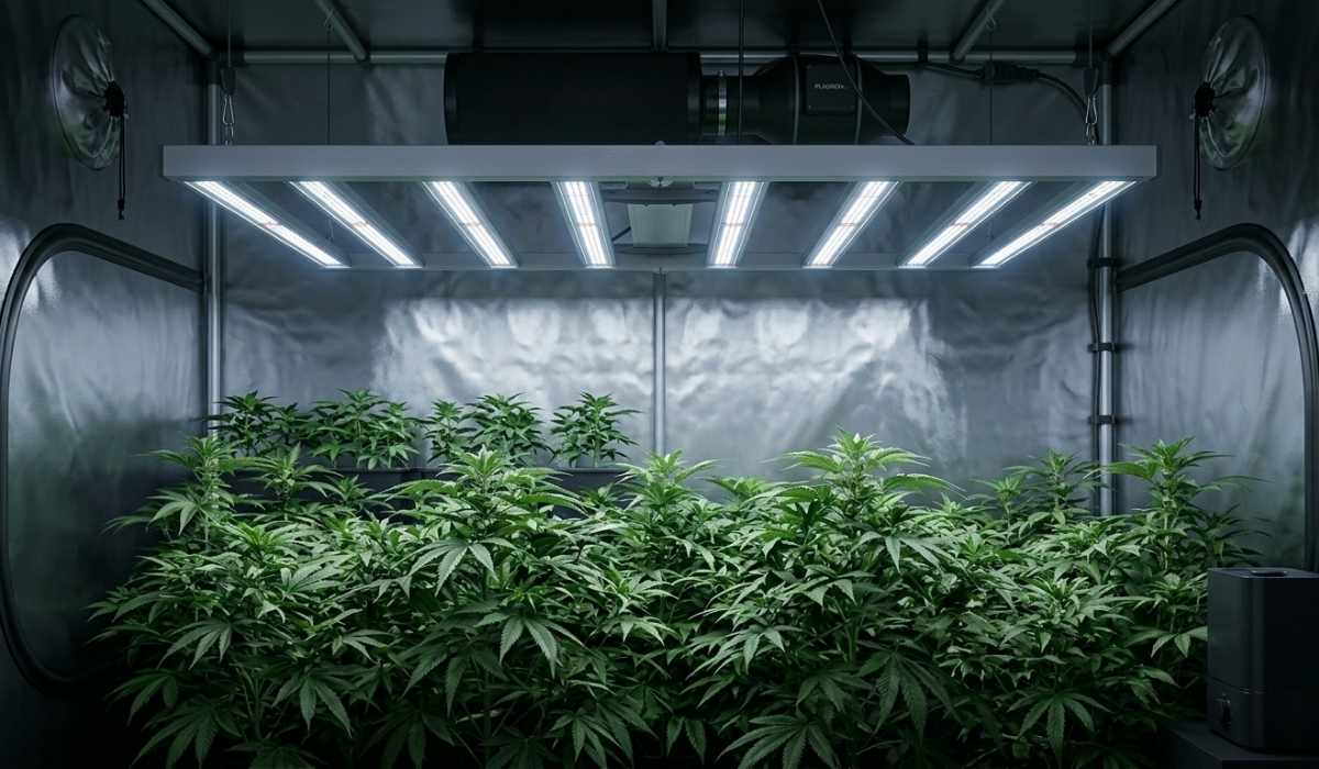 LED-Grow-Lampe als Balkensystem über Cannabispflanzen in einer Growbox mit Belüftung