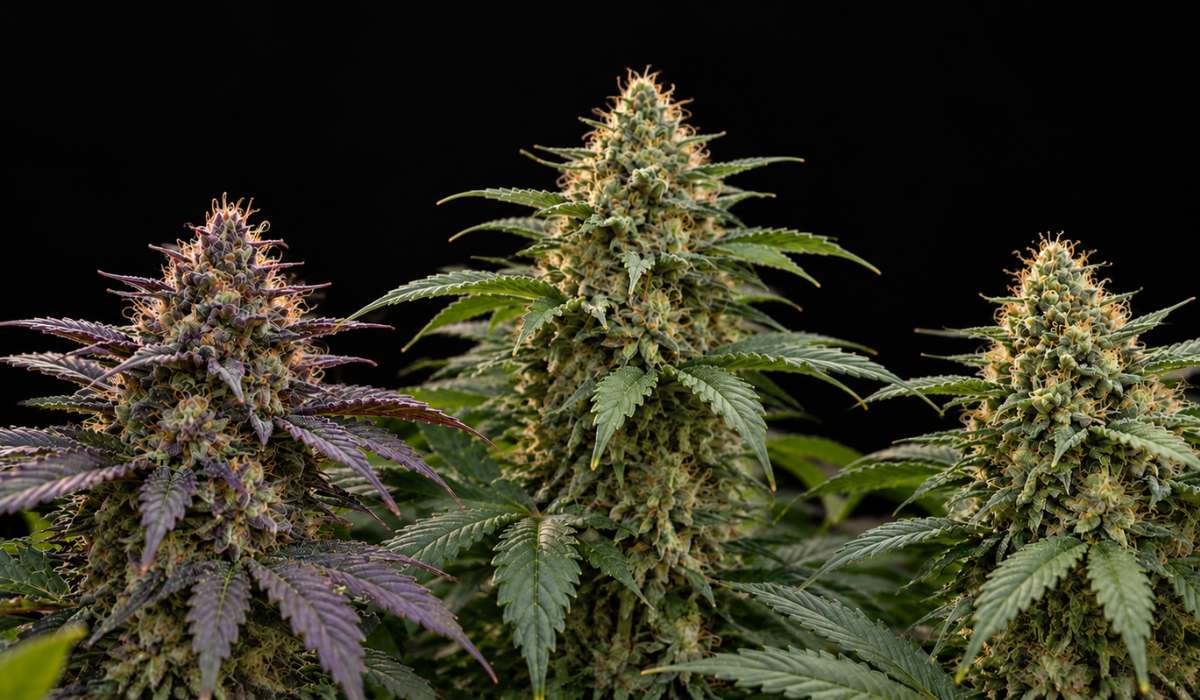 Fast Buds Samen: drei blühende Autoflower-Pflanzen von 420 Fast Buds vor schwarzem Hintergrund