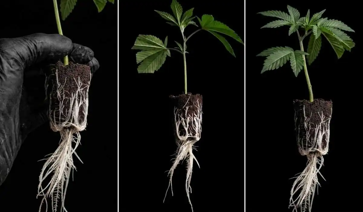 Drei bewurzelte Cannabis Stecklinge mit dichtem weißem Wurzelsystem