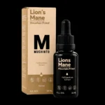 Mushinto Lion’s Mane Tinktur 30 ml – Pipettenflasche und Verpackung vor schwarzem Hintergrund