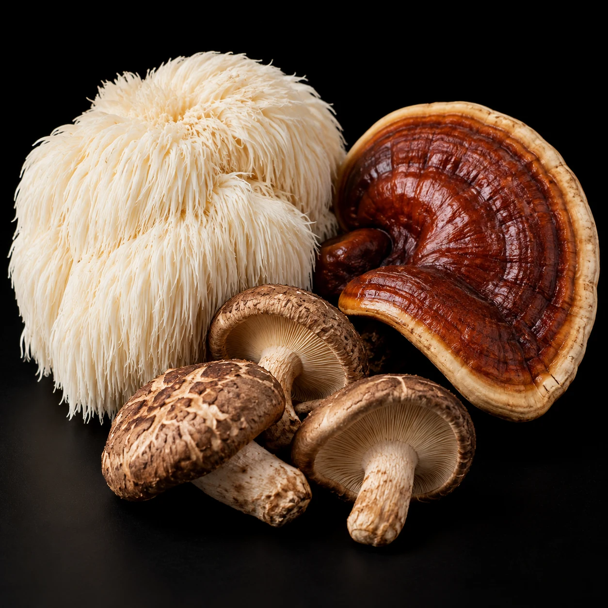 Löwenmähne, Reishi und Shiitake als Symbolbild für Vitalpilze